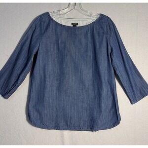 J. CREW Top Women's Size 6 Blue Denim Blouse Boat Neck 3/4 Sleeve-EUC